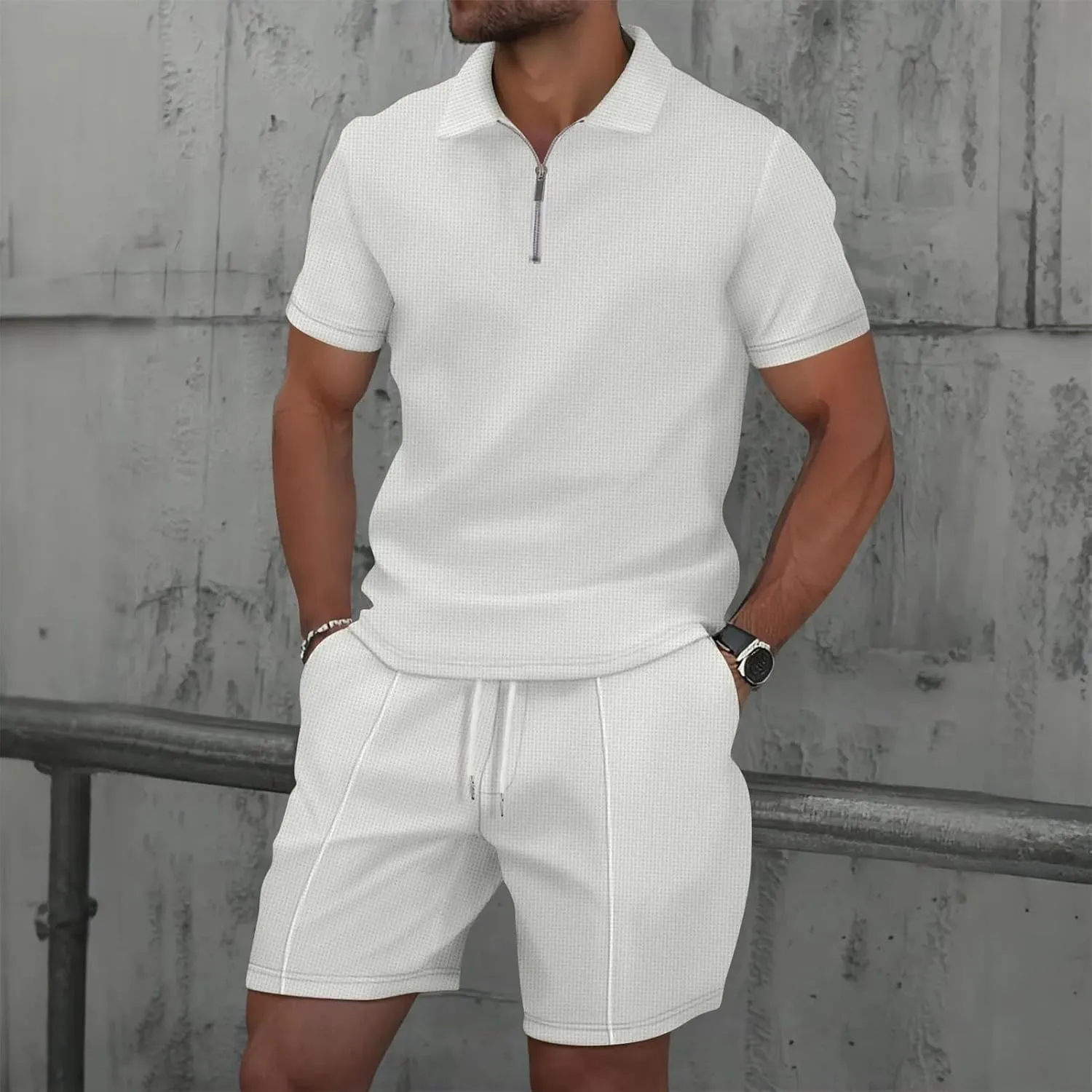 Men's Zip-Up Lapel Set, Waffle Fabric Short Sleeve & Shorts