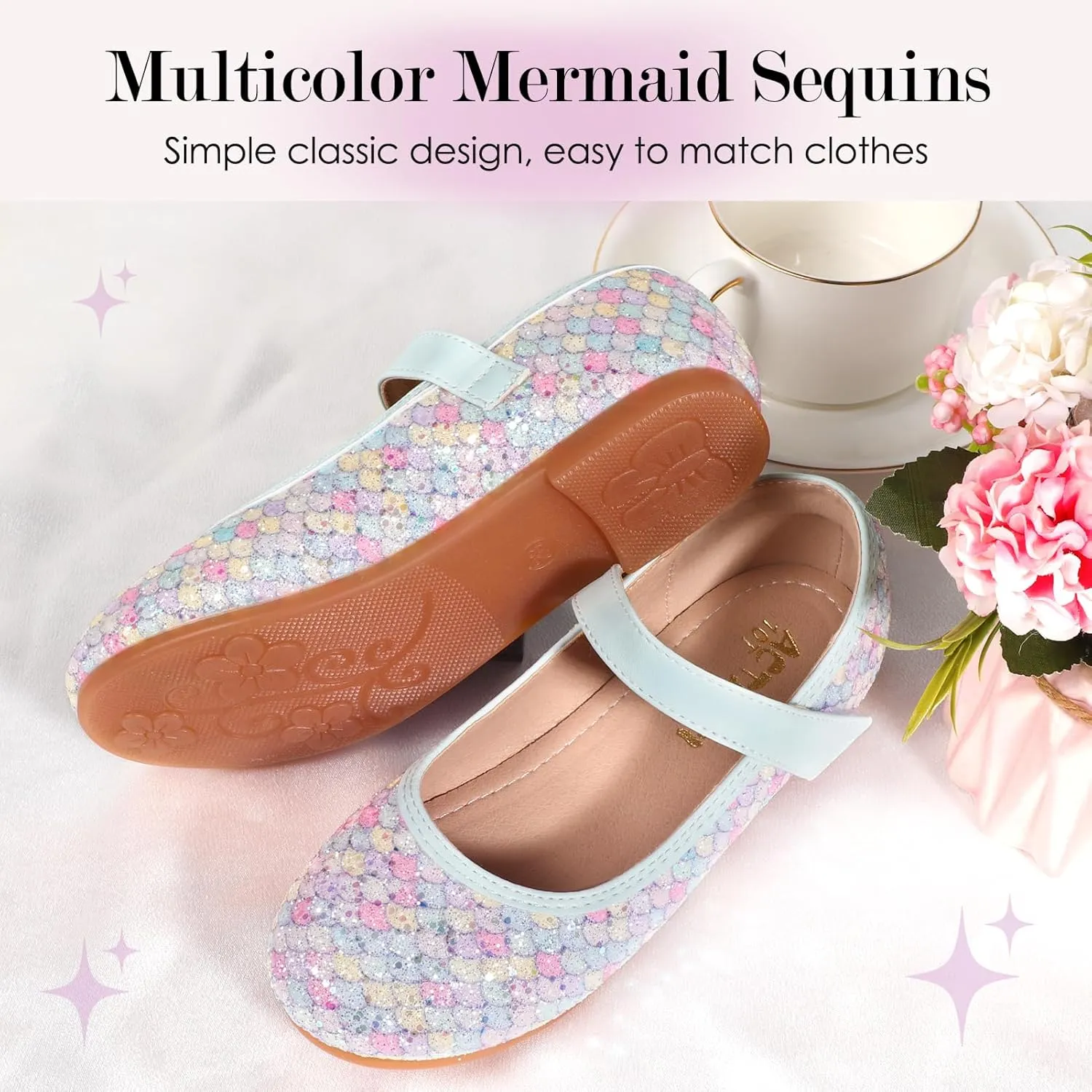 Mermaid Glitter Princess Ballet Flats for Girls, Mary Jane Shoes Dress Shoes for Girl Back to School Princess Wedding Shoes (Toddler/Little Kid/Big Kids)