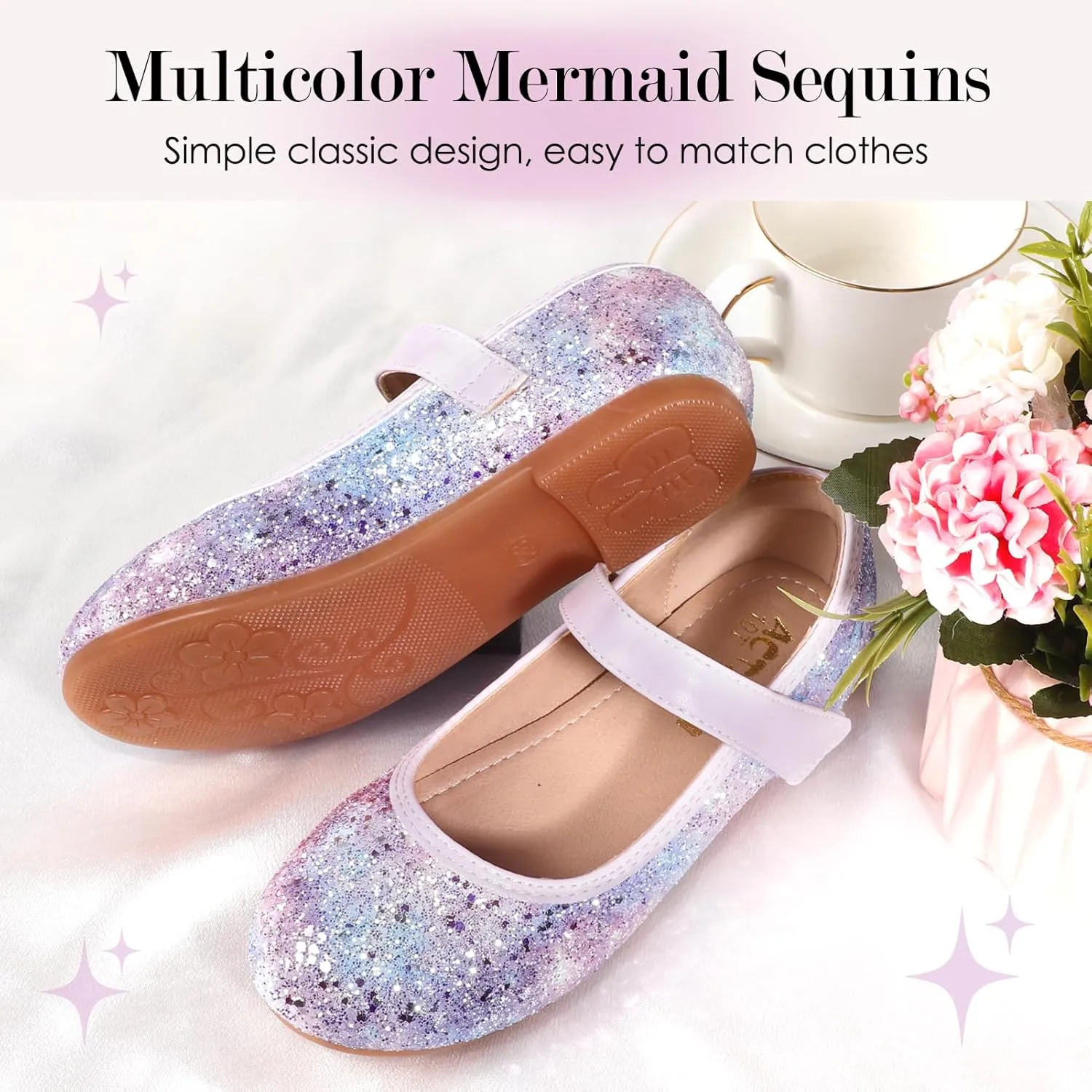 Mermaid Glitter Princess Ballet Flats for Girls, Mary Jane Shoes Dress Shoes for Girl Back to School Princess Wedding Shoes (Toddler/Little Kid/Big Kids)