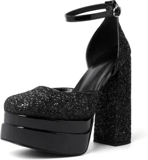Mettesally Women's Stacked Platform High Heels Square Toe Chunky Thick Heel Sandals Ankle Strap Block Heeled Pumps Fashion Party Platform Shoes