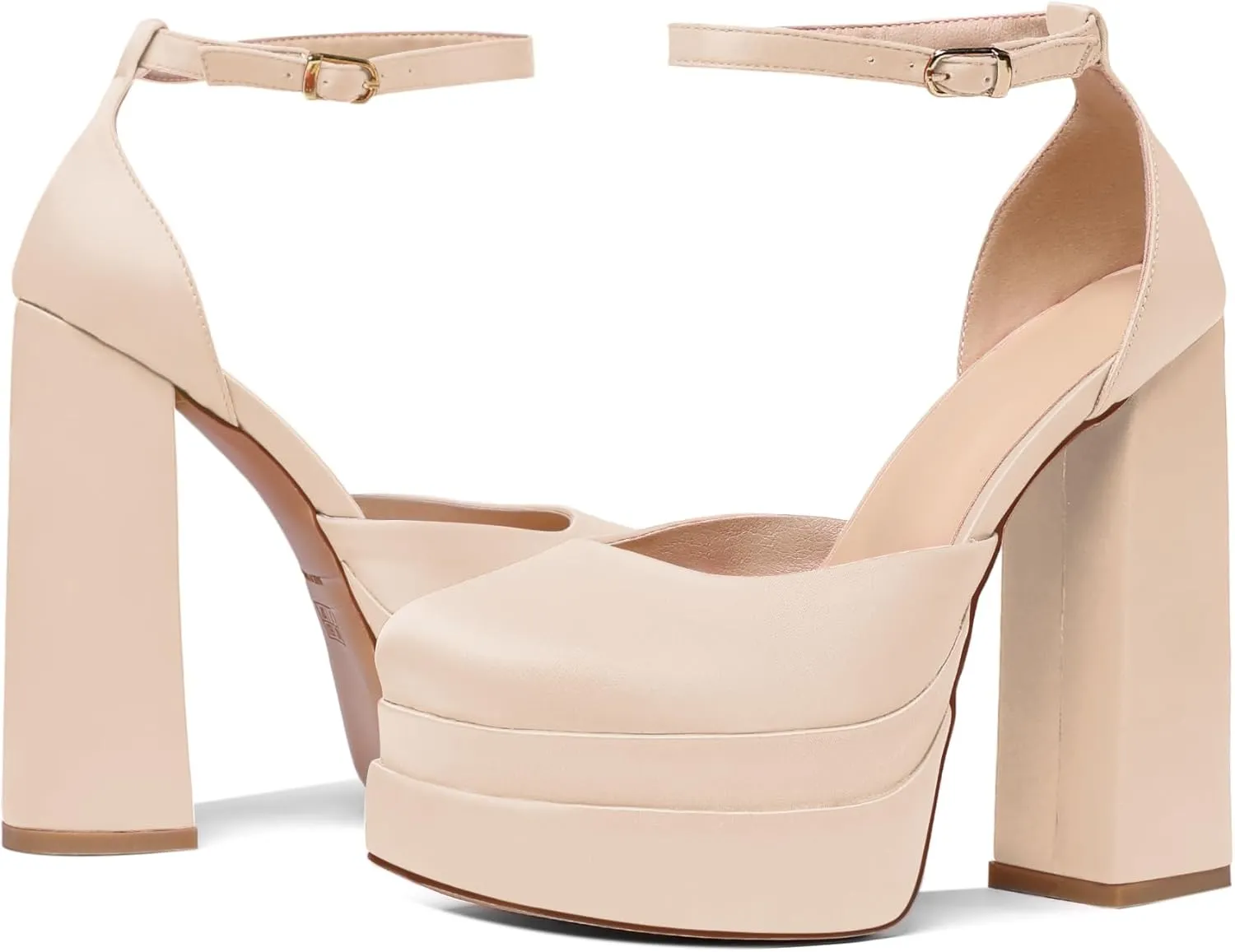 Mettesally Women's Stacked Platform High Heels Square Toe Chunky Thick Heel Sandals Ankle Strap Block Heeled Pumps Fashion Party Platform Shoes
