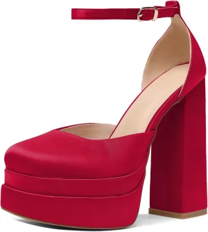 Mettesally Women's Stacked Platform High Heels Square Toe Chunky Thick Heel Sandals Ankle Strap Block Heeled Pumps Fashion Party Platform Shoes