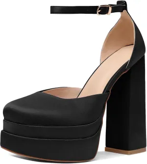 Mettesally Women's Stacked Platform High Heels Square Toe Chunky Thick Heel Sandals Ankle Strap Block Heeled Pumps Fashion Party Platform Shoes