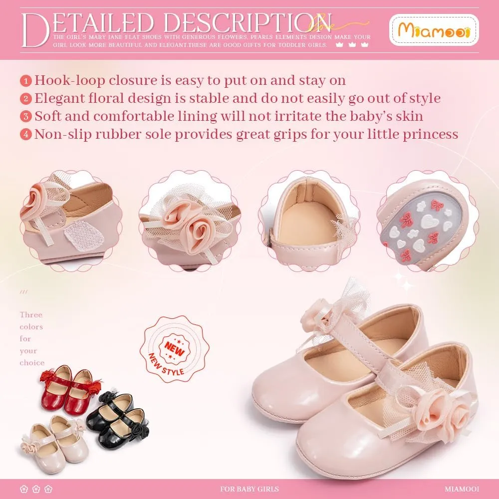 Miamooi Infant Baby Girls Wedding Dress Shoes Bow Ballet Princess Mary Jane Flats Toddler First Walkers Sneaker Newborn Crib Baptism Shoes