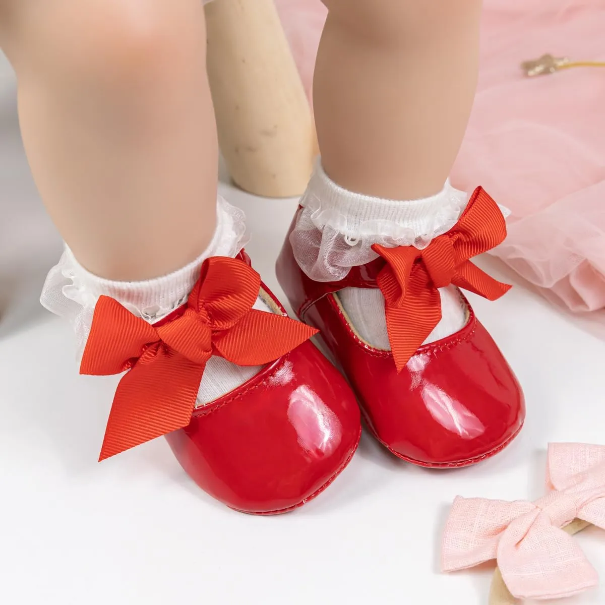 Miamooi Infant Baby Girls Wedding Dress Shoes Bow Ballet Princess Mary Jane Flats Toddler First Walkers Sneaker Newborn Crib Baptism Shoes