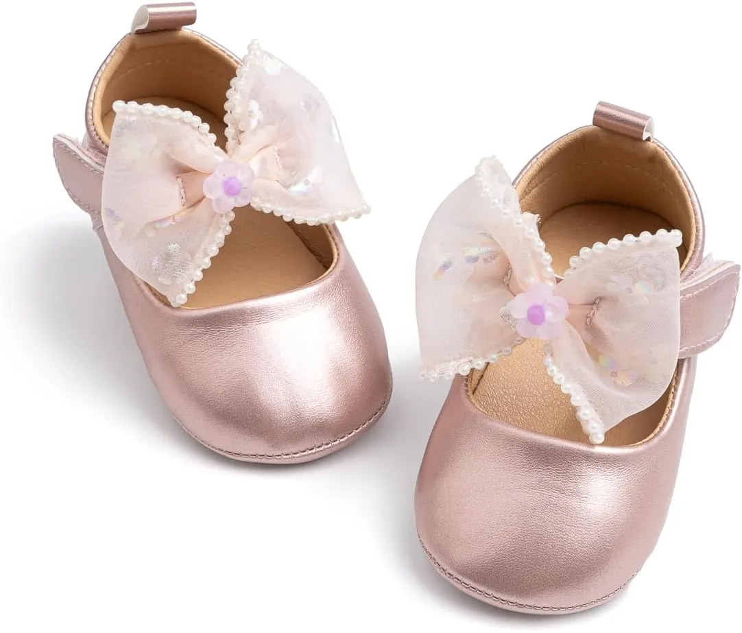 Miamooi Infant Baby Girls Wedding Dress Shoes Bow Ballet Princess Mary Jane Flats Toddler First Walkers Sneaker Newborn Crib Baptism Shoes