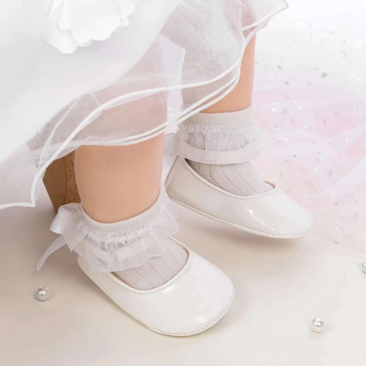 Miamooi Infant Baby Girls Wedding Dress Shoes Bow Ballet Princess Mary Jane Flats Toddler First Walkers Sneaker Newborn Crib Baptism Shoes