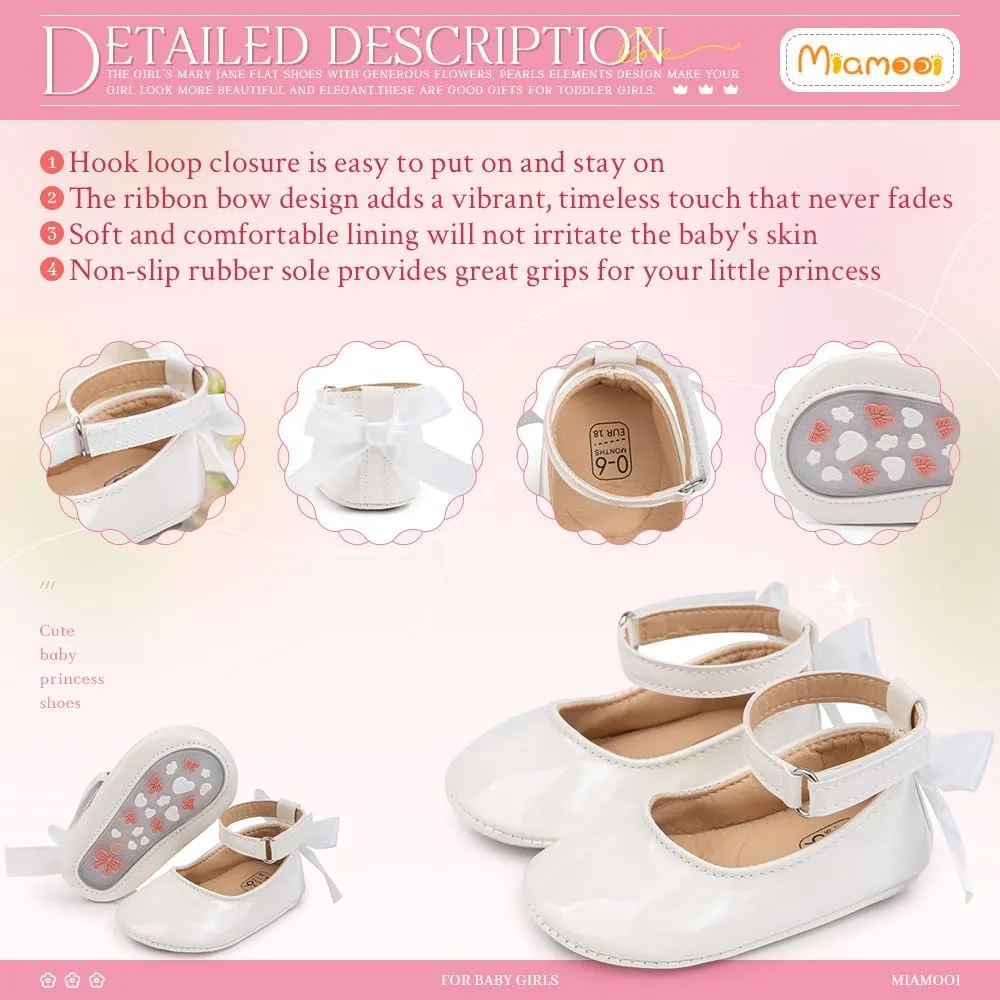 Miamooi Infant Baby Girls Wedding Dress Shoes Bow Ballet Princess Mary Jane Flats Toddler First Walkers Sneaker Newborn Crib Baptism Shoes