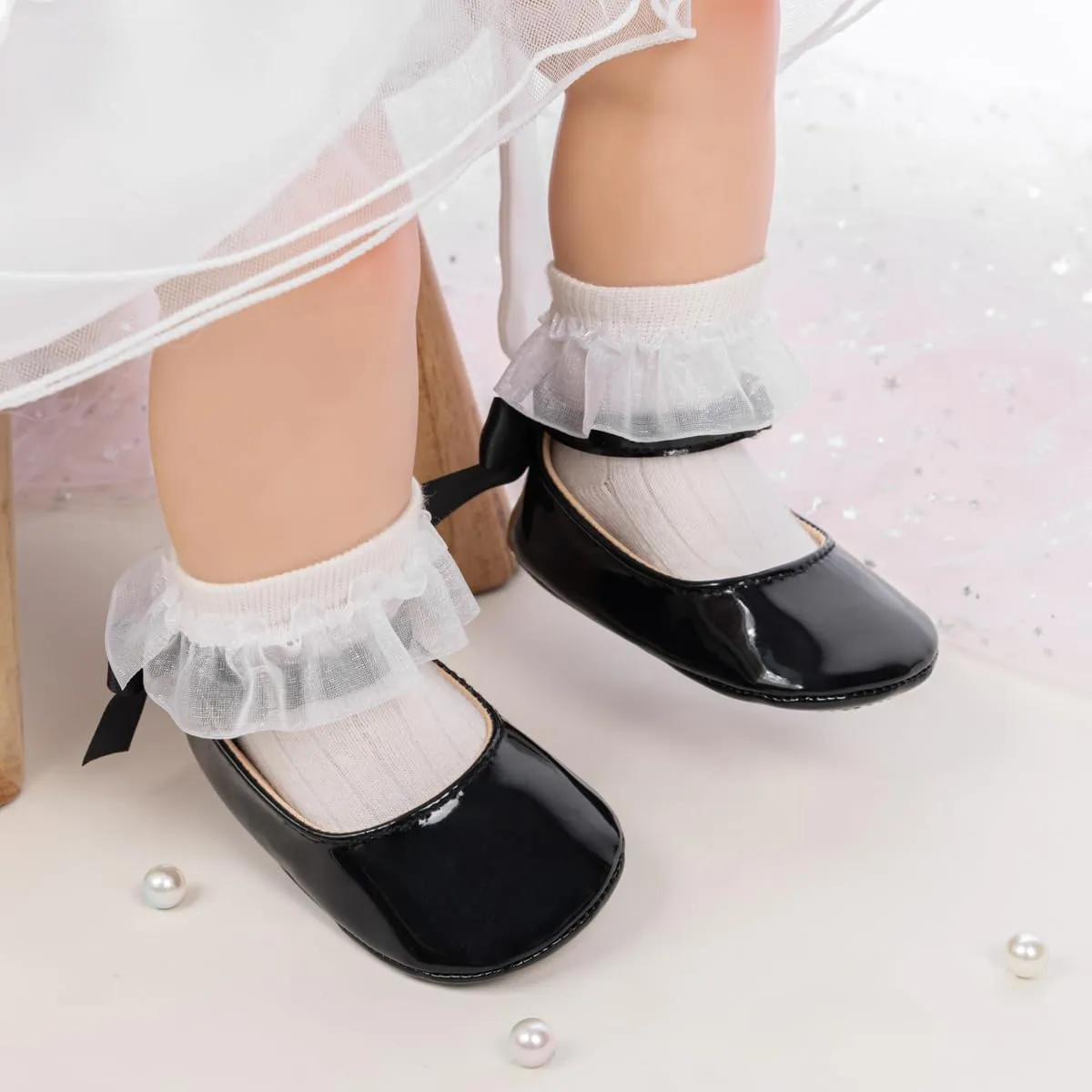 Miamooi Infant Baby Girls Wedding Dress Shoes Bow Ballet Princess Mary Jane Flats Toddler First Walkers Sneaker Newborn Crib Baptism Shoes