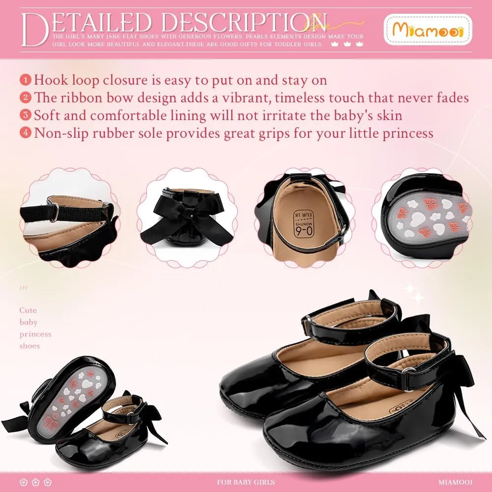 Miamooi Infant Baby Girls Wedding Dress Shoes Bow Ballet Princess Mary Jane Flats Toddler First Walkers Sneaker Newborn Crib Baptism Shoes