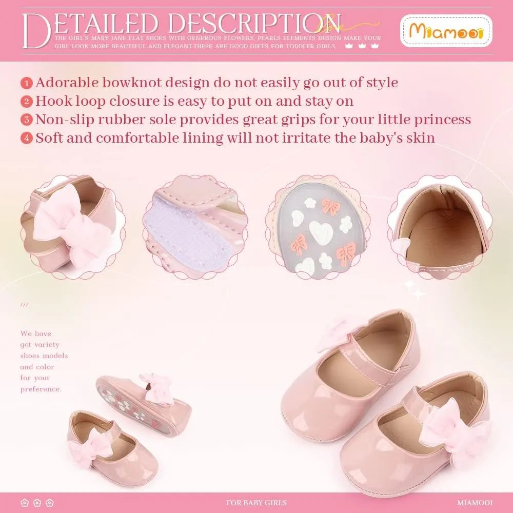 Miamooi Infant Baby Girls Wedding Dress Shoes Bow Ballet Princess Mary Jane Flats Toddler First Walkers Sneaker Newborn Crib Baptism Shoes