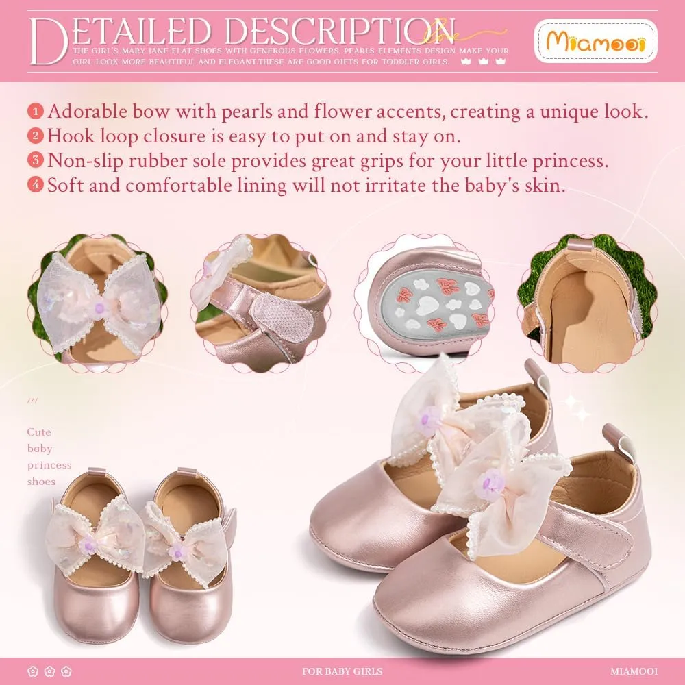 Miamooi Infant Baby Girls Wedding Dress Shoes Bow Ballet Princess Mary Jane Flats Toddler First Walkers Sneaker Newborn Crib Baptism Shoes