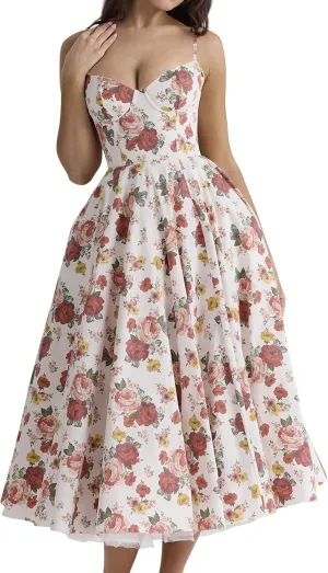 Midi Corset Dress for Women 2025 Fall Elegant Tulle Vintage Party Dress Flowy Pleated Hem Low Cut Prom Dresses