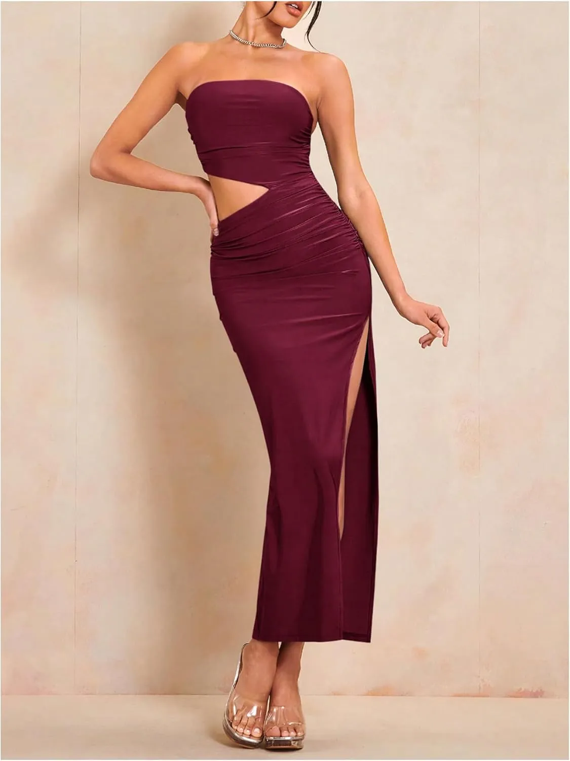 Milumia Women Cut Out Split Thigh Maxi Dress Ruched Bodycon Tube Dress