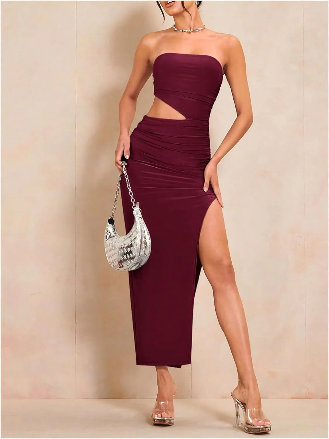 Milumia Women Cut Out Split Thigh Maxi Dress Ruched Bodycon Tube Dress
