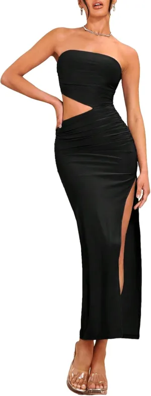 Milumia Women Cut Out Split Thigh Maxi Dress Ruched Bodycon Tube Dress