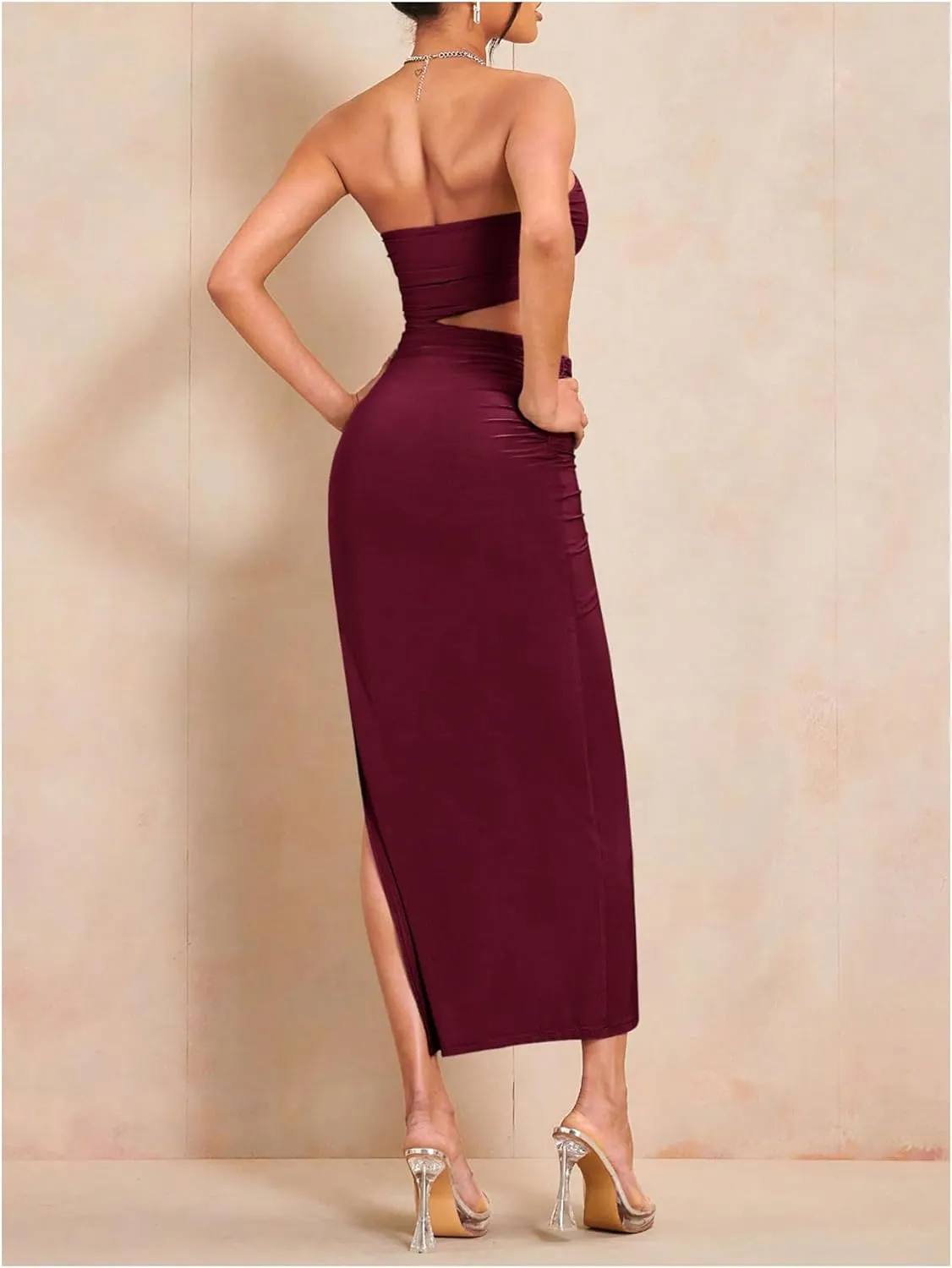 Milumia Women Cut Out Split Thigh Maxi Dress Ruched Bodycon Tube Dress
