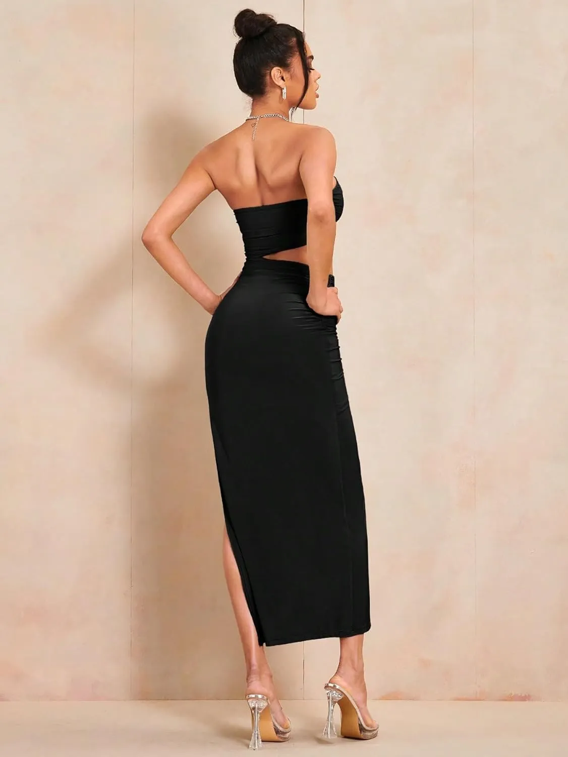 Milumia Women Cut Out Split Thigh Maxi Dress Ruched Bodycon Tube Dress