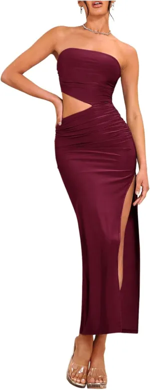 Milumia Women Cut Out Split Thigh Maxi Dress Ruched Bodycon Tube Dress