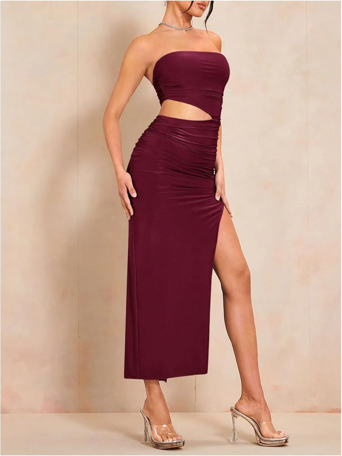 Milumia Women Cut Out Split Thigh Maxi Dress Ruched Bodycon Tube Dress