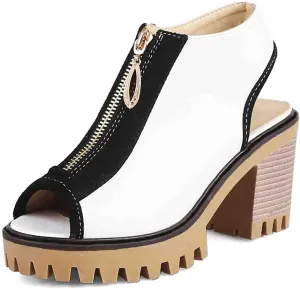 MIOKE Women's Chunky Stacked High Heel Sandals Peep Toe Front Zipper Cutout Platform Block Heeled Sandal
