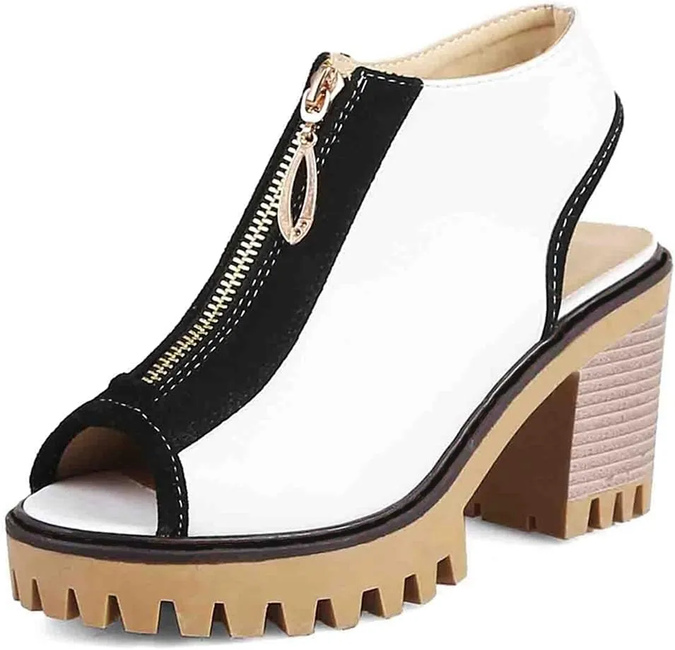 MIOKE Women's Chunky Stacked High Heel Sandals Peep Toe Front Zipper Cutout Platform Block Heeled Sandal