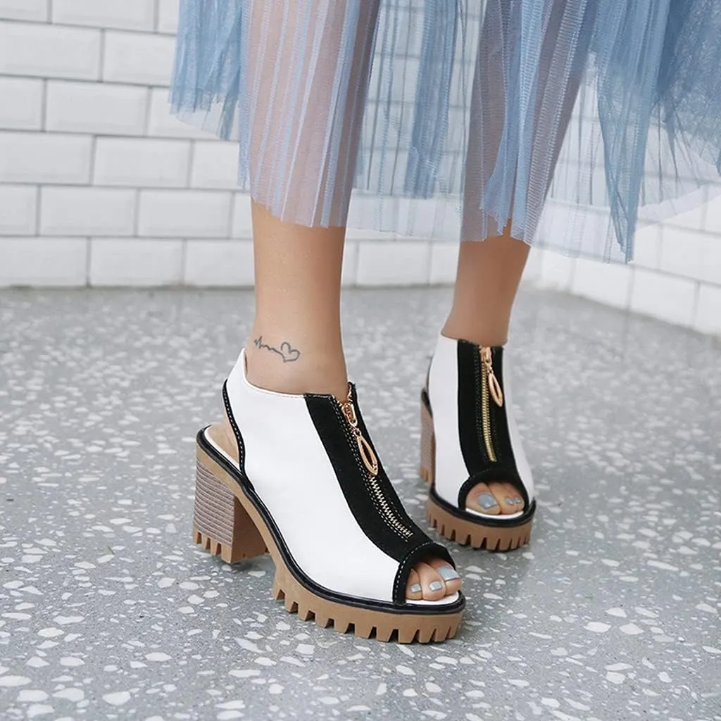 MIOKE Women's Chunky Stacked High Heel Sandals Peep Toe Front Zipper Cutout Platform Block Heeled Sandal