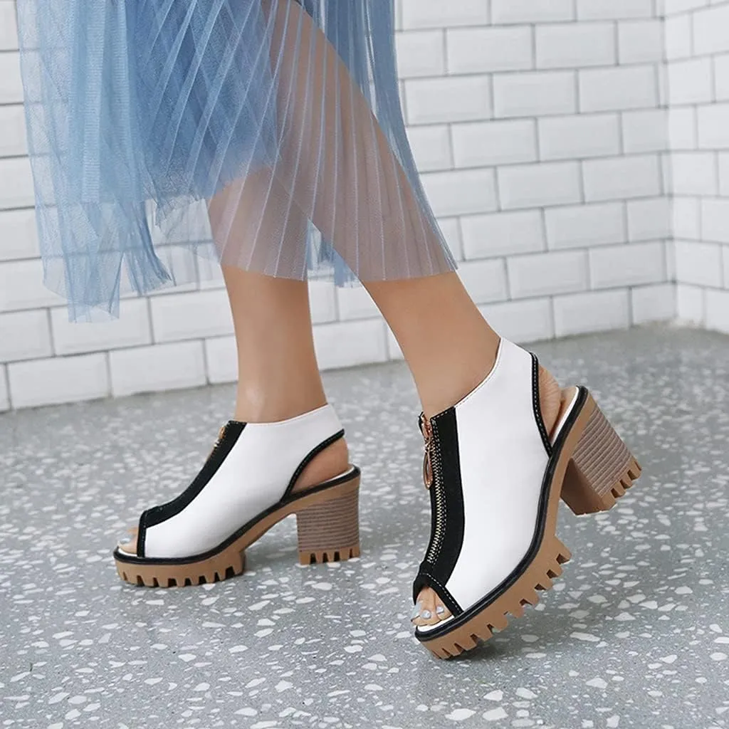 MIOKE Women's Chunky Stacked High Heel Sandals Peep Toe Front Zipper Cutout Platform Block Heeled Sandal