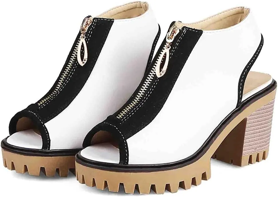MIOKE Women's Chunky Stacked High Heel Sandals Peep Toe Front Zipper Cutout Platform Block Heeled Sandal