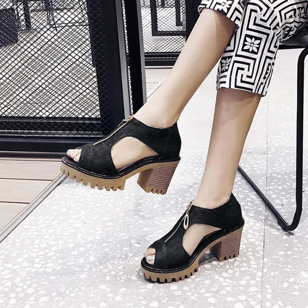 MIOKE Women's Chunky Stacked High Heels Sandals Peep Toe Denim Zipper Summer Platform Block Heeled Sandal