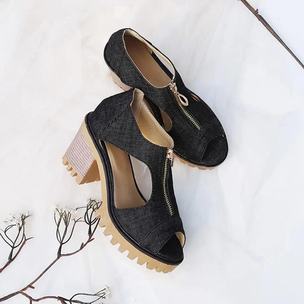 MIOKE Women's Chunky Stacked High Heels Sandals Peep Toe Denim Zipper Summer Platform Block Heeled Sandal