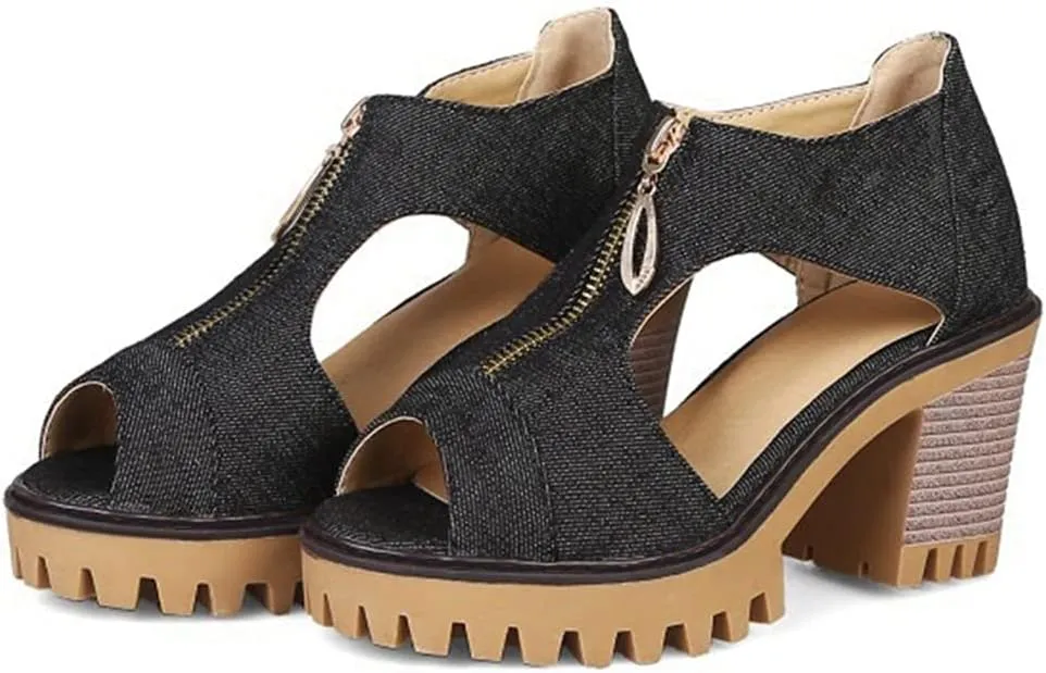 MIOKE Women's Chunky Stacked High Heels Sandals Peep Toe Denim Zipper Summer Platform Block Heeled Sandal