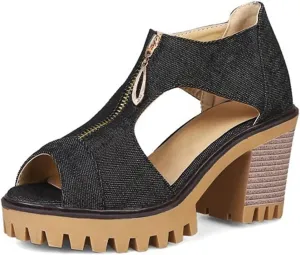 MIOKE Women's Chunky Stacked High Heels Sandals Peep Toe Denim Zipper Summer Platform Block Heeled Sandal