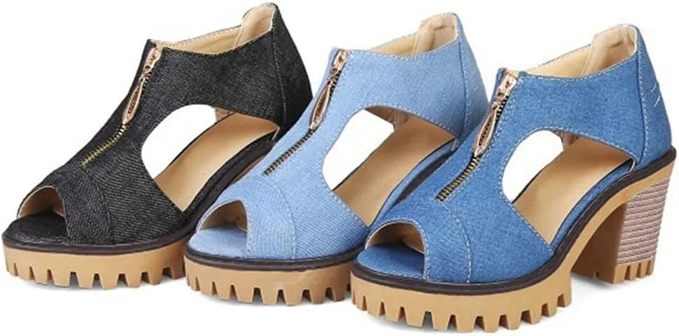 MIOKE Women's Chunky Stacked High Heels Sandals Peep Toe Denim Zipper Summer Platform Block Heeled Sandal