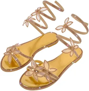 MissHeel Rhinestone Spiral Strap Sandals with Butterflies Flats