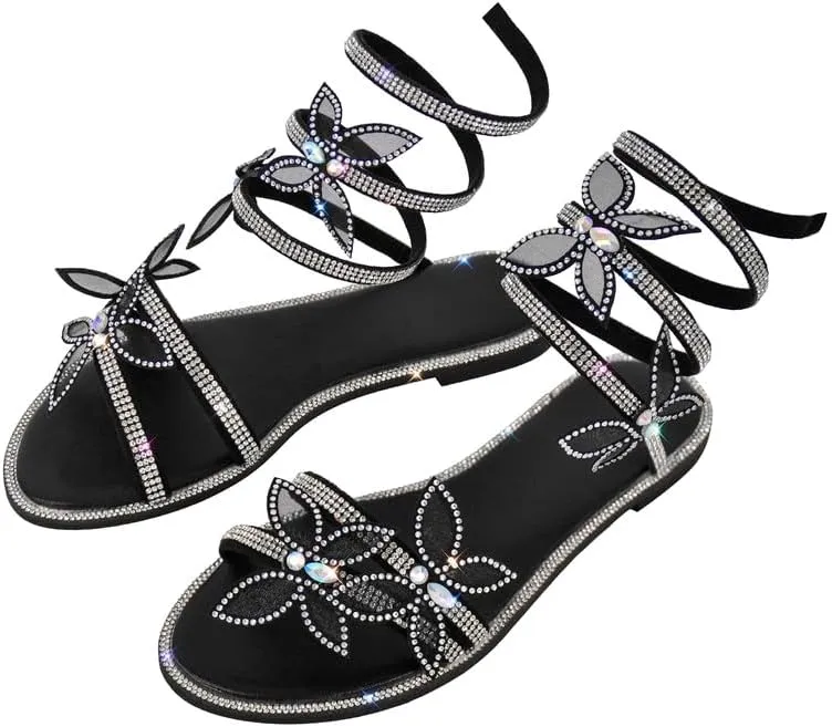 MissHeel Rhinestone Spiral Strap Sandals with Butterflies Flats