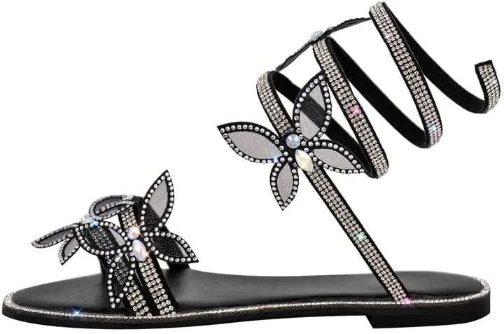 MissHeel Rhinestone Spiral Strap Sandals with Butterflies Flats