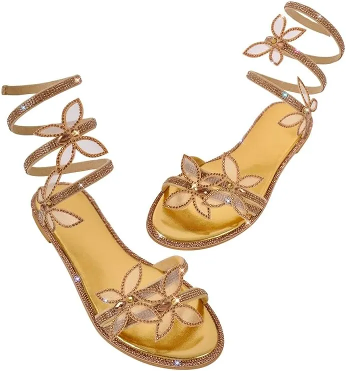 MissHeel Rhinestone Spiral Strap Sandals with Butterflies Flats