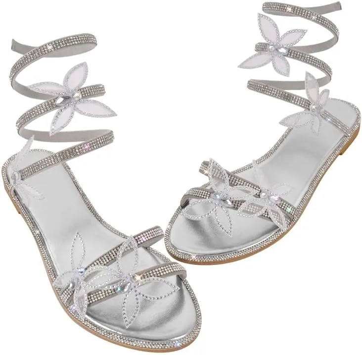 MissHeel Rhinestone Spiral Strap Sandals with Butterflies Flats