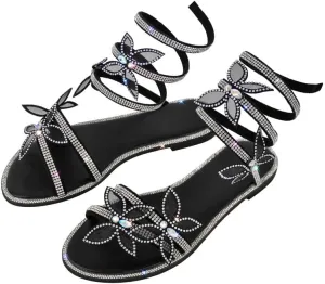 MissHeel Rhinestone Spiral Strap Sandals with Butterflies Flats