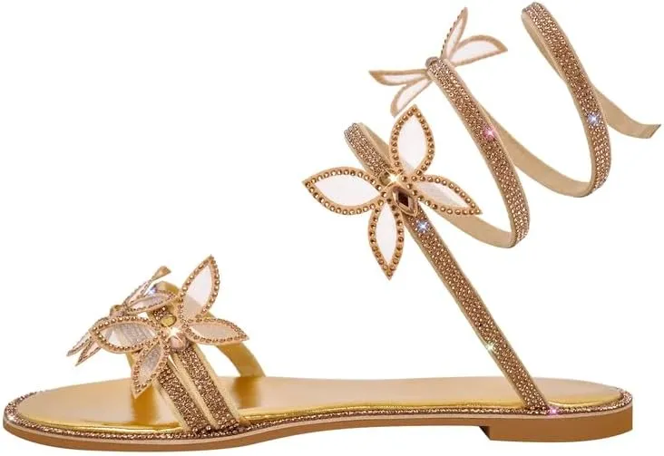 MissHeel Rhinestone Spiral Strap Sandals with Butterflies Flats