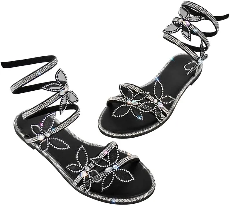 MissHeel Rhinestone Spiral Strap Sandals with Butterflies Flats