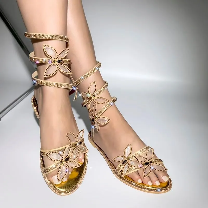 MissHeel Rhinestone Spiral Strap Sandals with Butterflies Flats