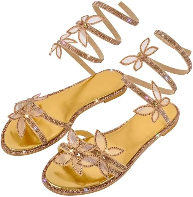 MissHeel Rhinestone Spiral Strap Sandals with Butterflies Flats