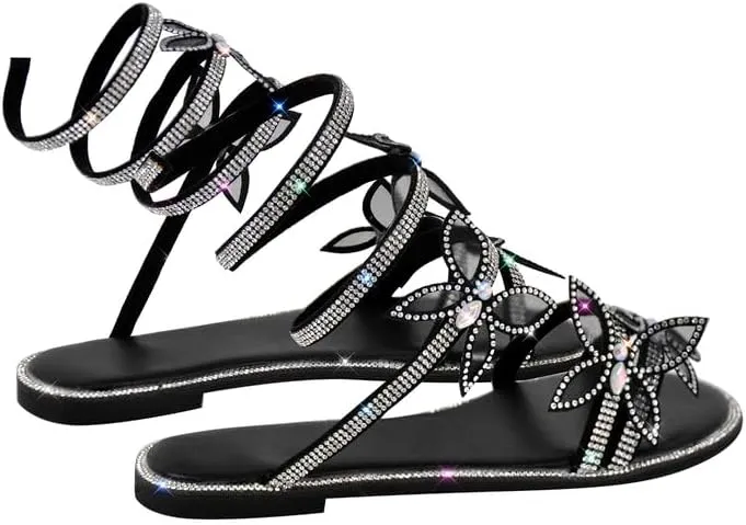 MissHeel Rhinestone Spiral Strap Sandals with Butterflies Flats