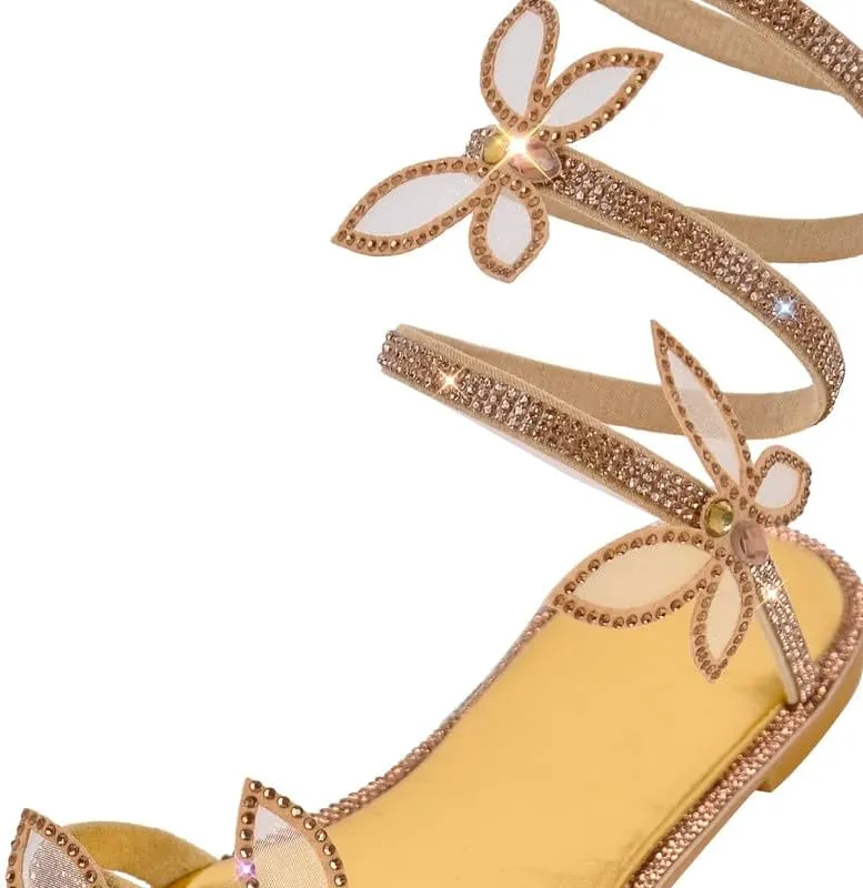 MissHeel Rhinestone Spiral Strap Sandals with Butterflies Flats