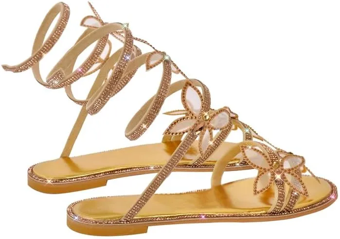 MissHeel Rhinestone Spiral Strap Sandals with Butterflies Flats