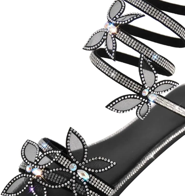 MissHeel Rhinestone Spiral Strap Sandals with Butterflies Flats