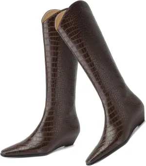 MOOMMO Women Wedge Western Knee Boots Crocodile Long Cowboy Boots Pointed Toe Fashion Pull On Wedge Heel Knee High Boots Cowgirl Animal Print Matte Wide Calf V Cut Sexy 4-8.5 M US