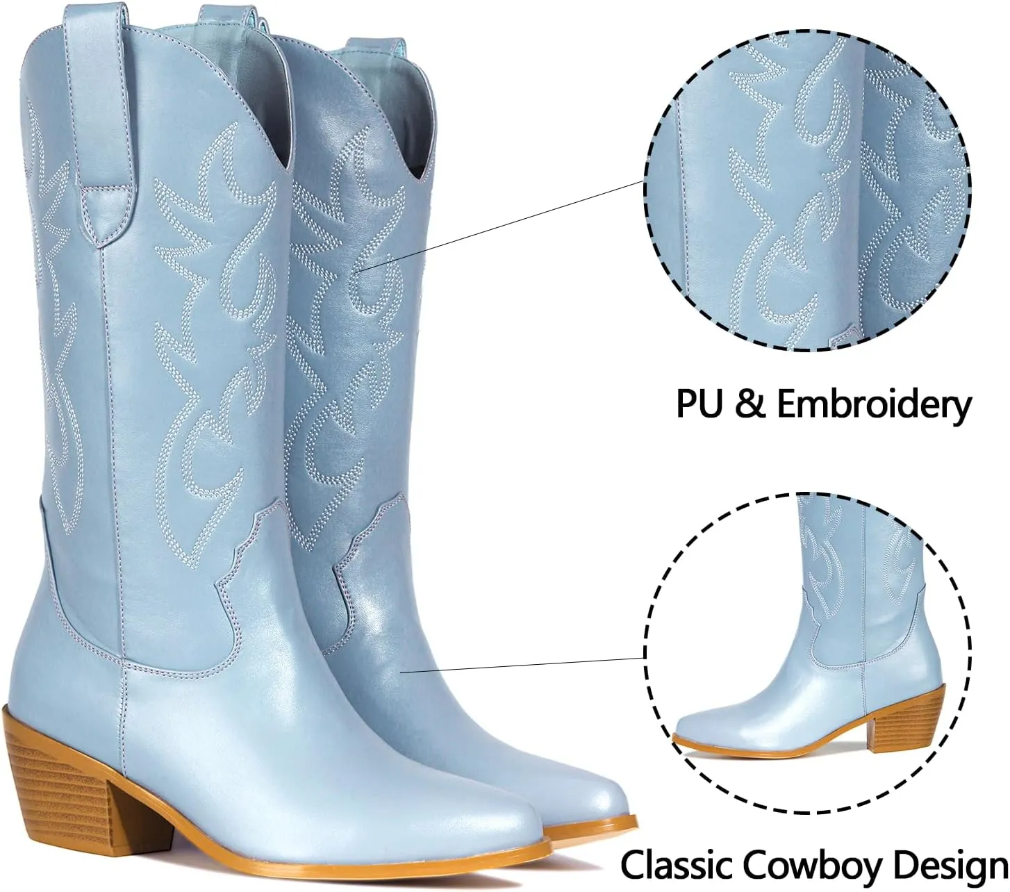 MUCCCUTE Cowboy Boots for Women Cowgirl Boots Wide Calf Pointed Toe Embroidered Fashion Western Chunky Pull On
